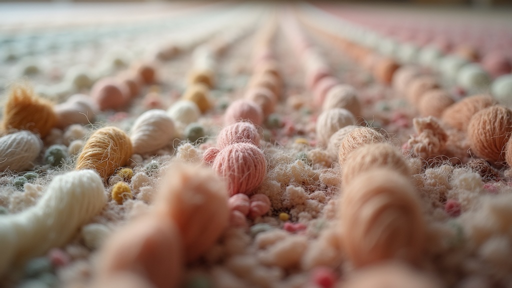 Close-up cross-section of recycled-fibre rug pile showing mixed yarn strands