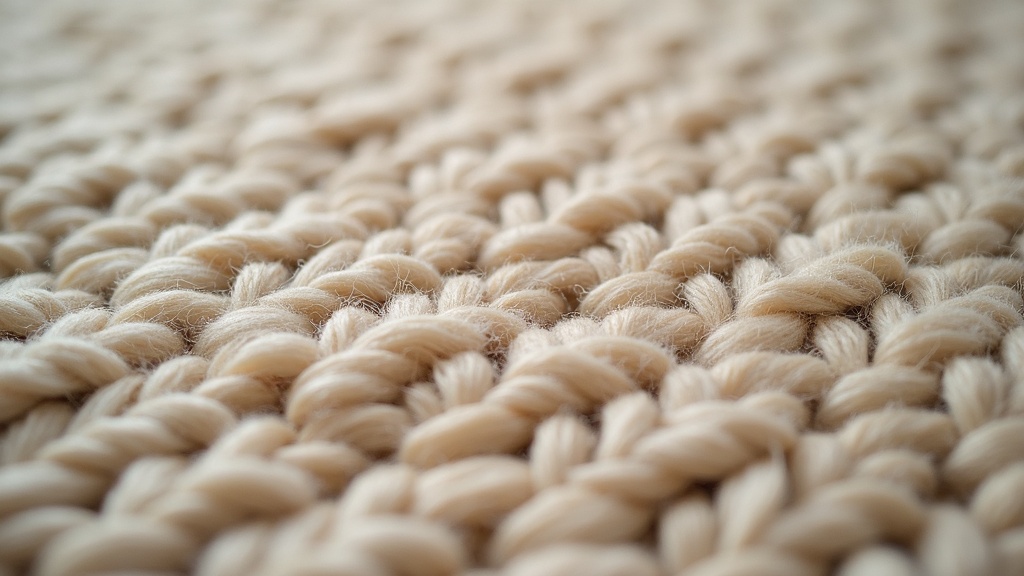 Close-up cross-section of wool rug pile and foundation threads showing rug construction detail