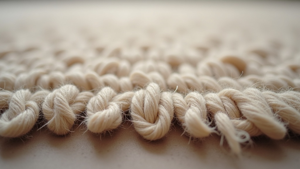 Close-up cross-section of rug pile and foundation showing wool knot construction