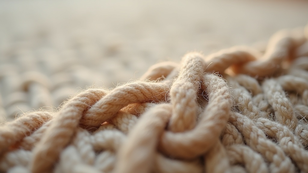 Macro cross-section of hand-knotted wool rug pile showing knot density and yarn twist