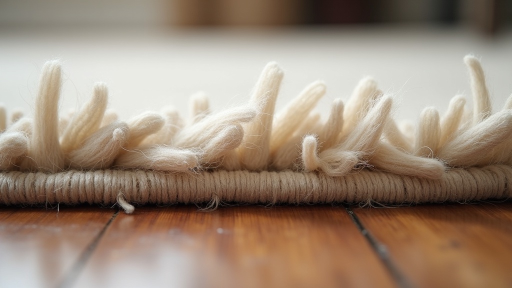 Close-up cross-section of rug pile showing wool fibre density near a wood floor
