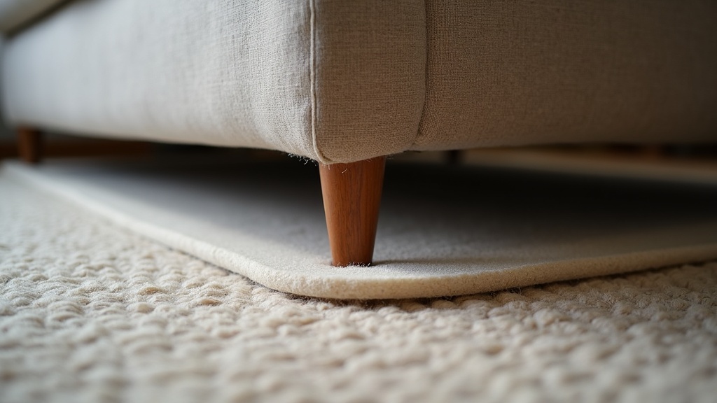 Rug pad edge visible beneath a sofa leg illustrating proper rug placement under a sectional