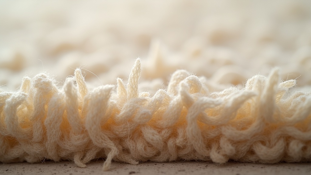 Close-up cross-section of wool rug pile showing yarn and foundation structure affected by humidity