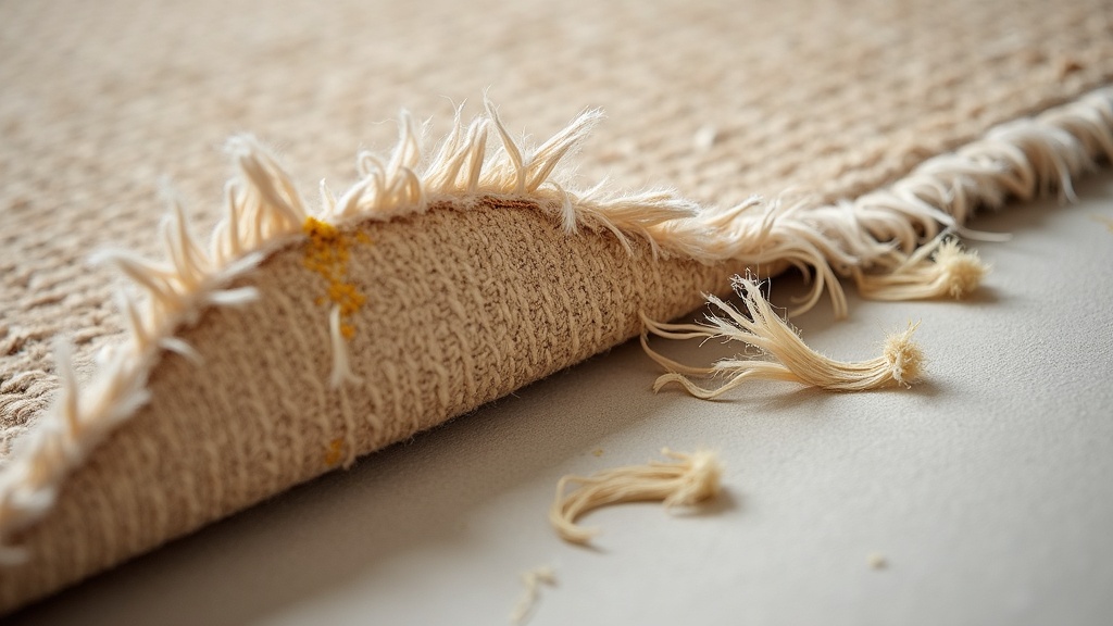 Detail of cracked and yellowing latex backing on the underside of a tufted rug