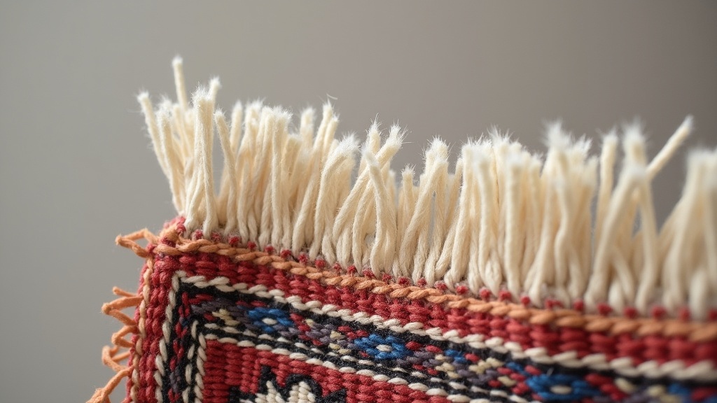 Close-up of rug fringe and pile edge showing weave structure relevant to vacuuming frequency
