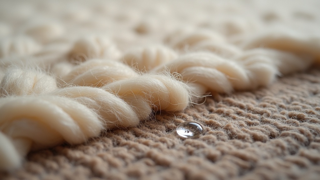 Close-up of wool rug pile texture showing how liquid sits on the fibre surface after a spill