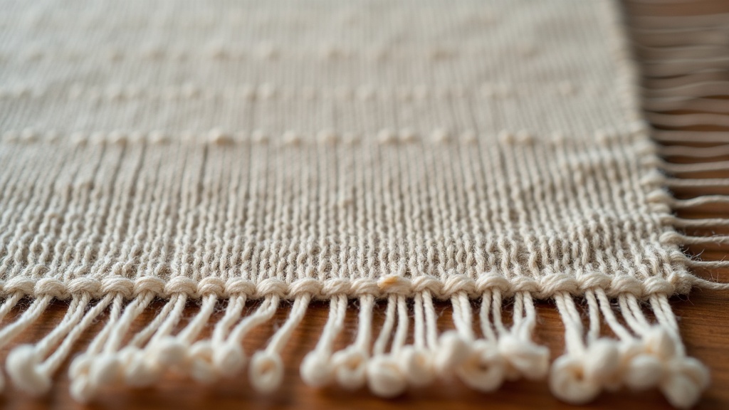 Warp threads on a loom with rows of hand-tied knots partway through weaving