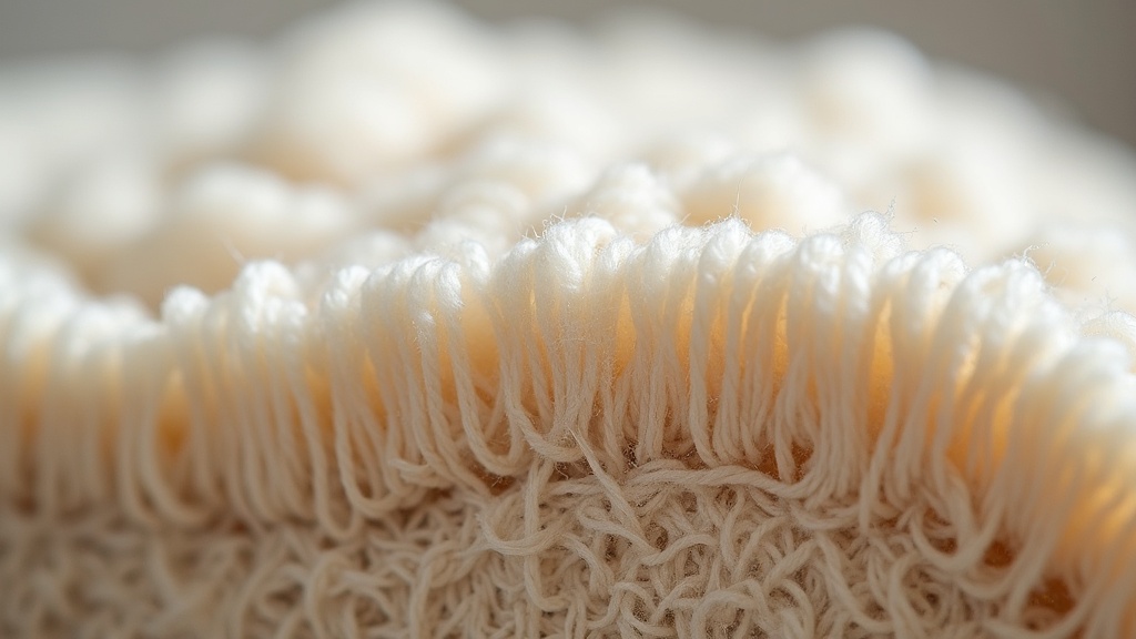 Close-up cross-section of wool rug pile showing knot density and foundation threads