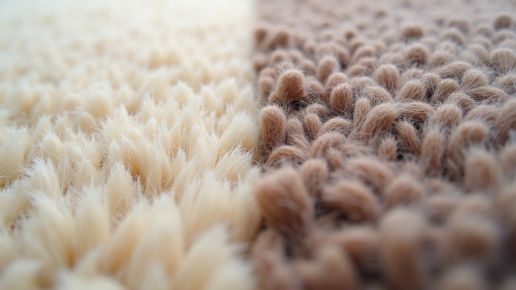 Close-up cross-section of wool and synthetic rug pile showing fiber density differences