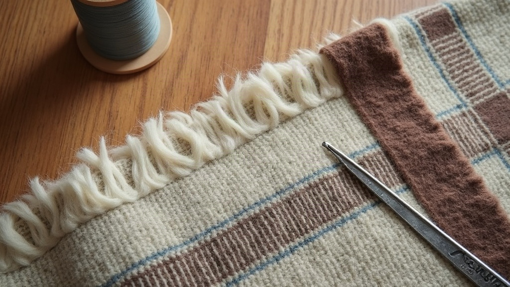 Rug pile cross-section beside binding thread and a curved needle used for rug repair