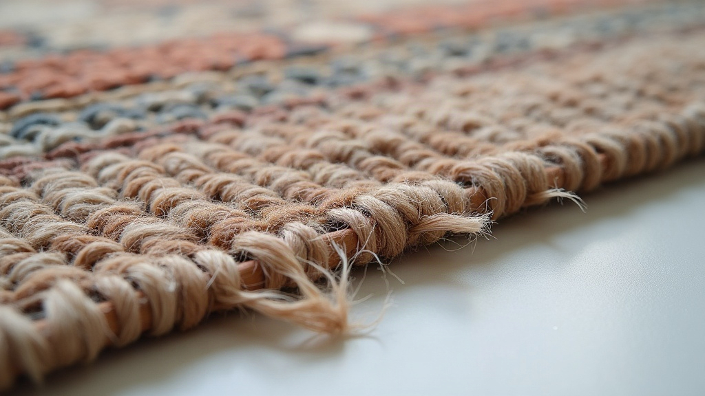 Close-up of a frayed machine-serged rug edge unraveling at the corner