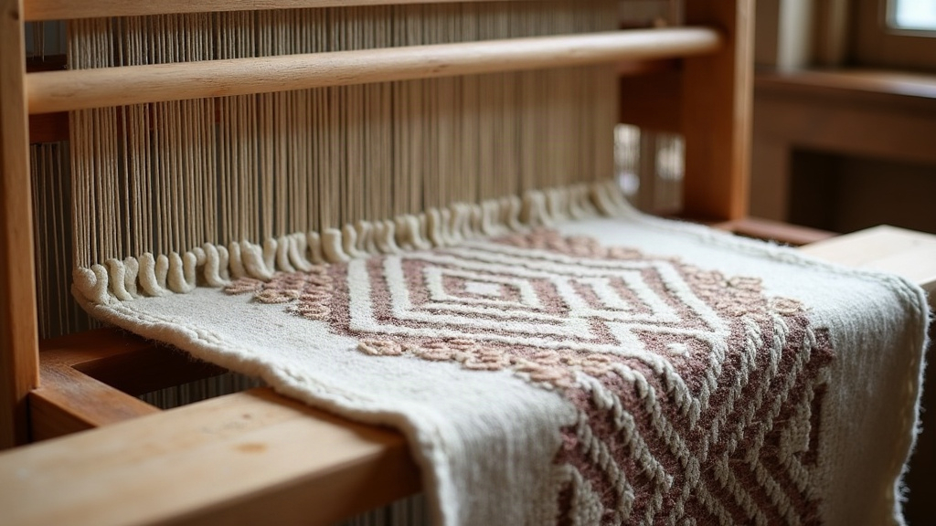 Wooden loom with warp threads under tension and a partially woven Turkmen rug with gul medallions