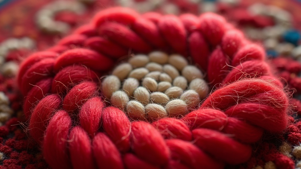 Macro cross-section detail of hand-knotted wool pile forming a single Turkmen gul motif