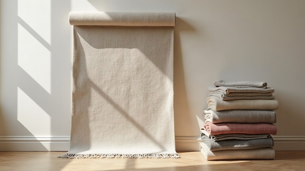 Wool rug rolled and standing beside a stack of folded rugs for storage