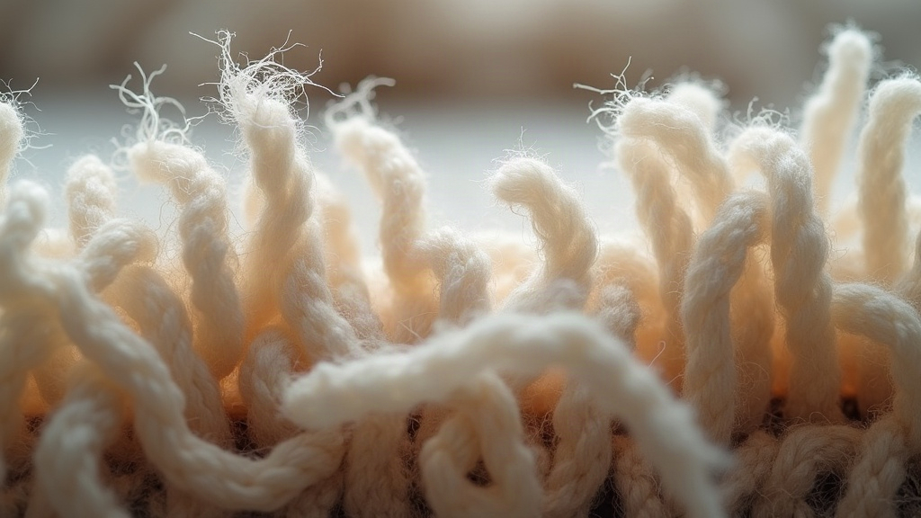 Close-up cross-section of wool rug pile showing individual tufted yarns