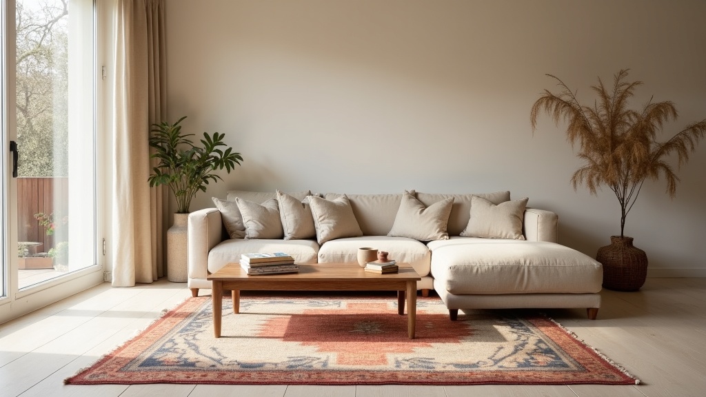 A large hand-knotted wool rug laid under a linen sofa and walnut coffee table in a sunlit room